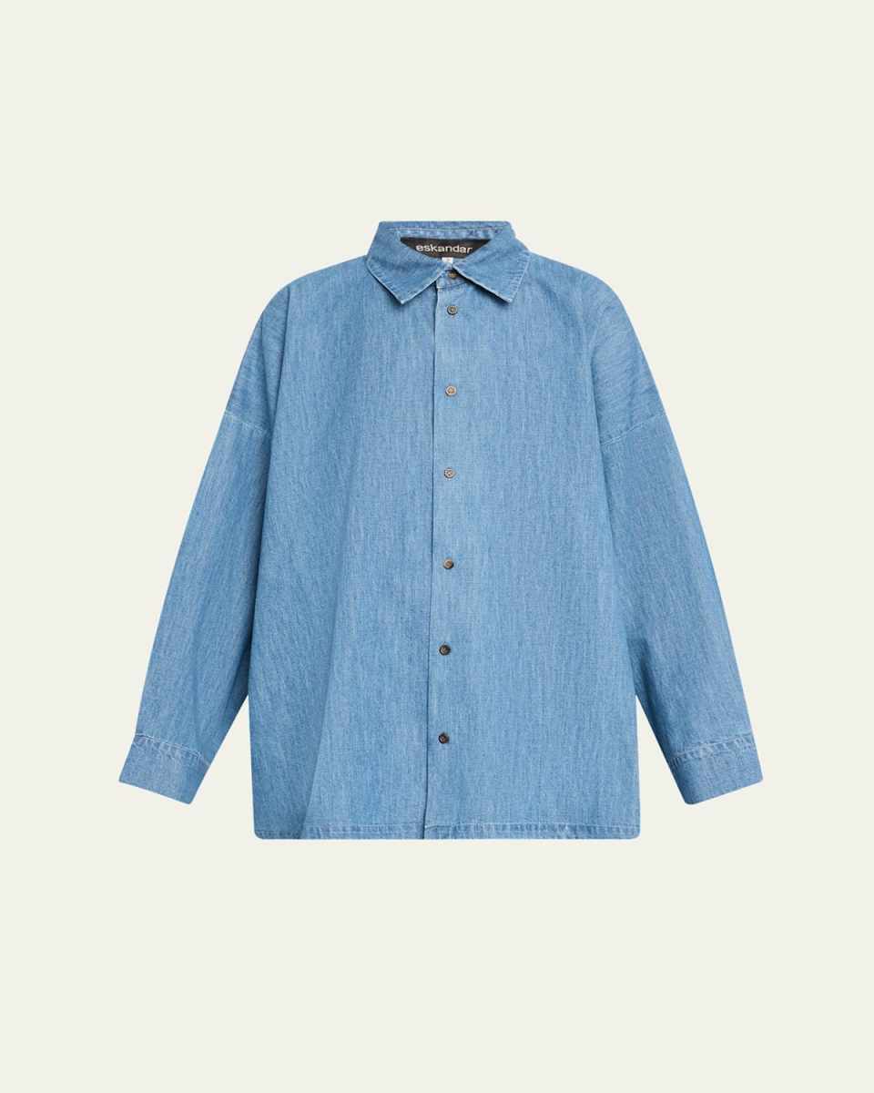 Angled-To-Front Side Seam Denim Shirt With Collar (Long Length)